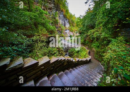Vista che guarda lungo il sentiero a gradini in pietra nei boschi che conducono al ponte a New York Foto Stock