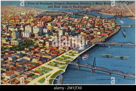 Vista aerea di Portland, Oregon, quartiere degli affari, 5 ponti principali e lato est sullo sfondo, città e città, ponti, Tichnor Brothers Collection, cartoline degli Stati Uniti Foto Stock