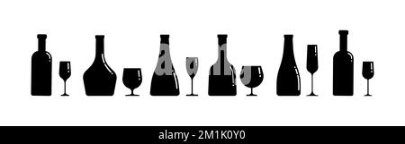 Un set di silhouette di bottiglie di alcool e bicchieri di diverse forme. Banner orizzontale. Clip art vettoriale isolato su bianco. Illustrazione Vettoriale