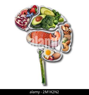 Brain Power Food per potenziare il concetto di alimentazione della potenza del cervello come un gruppo di verdure nutrienti a base di frutta secca e frutti di bosco ricchi di acidi grassi omega-3 Foto Stock