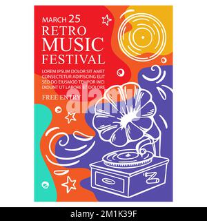 FESTIVAL DI MUSICA RETRÒ Poster verticale Banner Concert Poster con Gramophone e Record invitando Abstract testo su Abstract sfondo disegnata a mano Vector Design Illustrazione Vettoriale