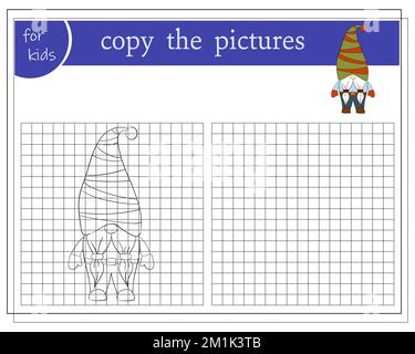 Copia la foto, giochi educativi per bambini. Cartoon Gnome di Natale. Illustrazione Vettoriale