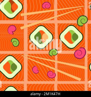 Modello senza cuciture con filetto di salmone. Pesce carne rossa. Sushi pattern.Advertising sushi e rotoli. Cibo asiatico. Cucina giapponese. Illustrazione Vettoriale