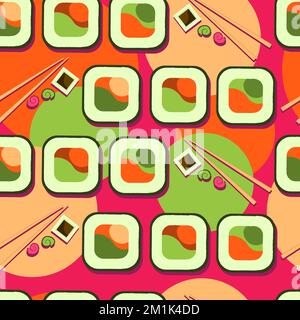 Modello senza cuciture con filetto di salmone. Pesce carne rossa. Sushi pattern.Advertising sushi e rotoli. Cibo asiatico. Cucina giapponese. Illustrazione Vettoriale