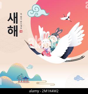 Design dell'evento di Capodanno coreano. In celebrazione dell'anno del coniglio, i bambini che indossano l'hanbok sono seduti sulle gru e volano via. Illustrazione Vettoriale