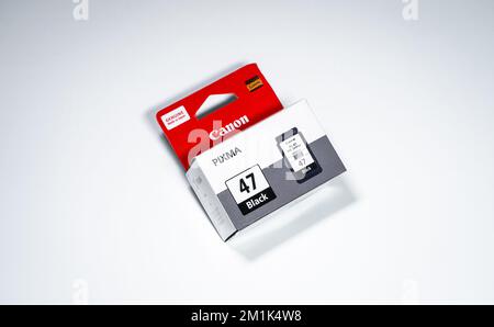 Una confezione di cartucce Canon Pixma Black su sfondo bianco. Foto Stock