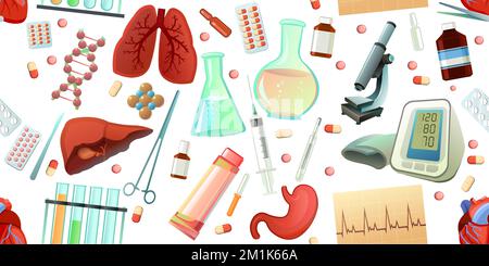 Medicina e trattamento elementi senza cuciture modello. Stile cartone animato. Soggetti di studio. Attrezzature e organi umani interni per il trattamento. Isolato su bianco Illustrazione Vettoriale