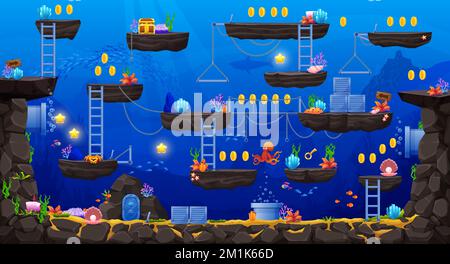2d gioco arcade subacquea paesaggio livello mappa interfaccia. Polpo, piattaforma, scale, monete e icone del tesoro. Sfondo vettoriale a livello di gioco per computer o console retrò con piante e animali del fondale marino Illustrazione Vettoriale