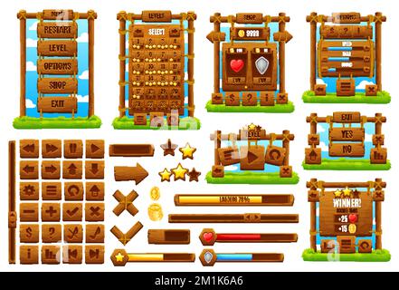 Western, ranch interfaccia di gioco in legno. Elemento gui Cartoon, risorsa di gioco ui. Pulsanti vettoriali isolati, tavole di opzioni di menu, barre e cursori, icone utente, banner, frecce e segni con struttura in legno Illustrazione Vettoriale