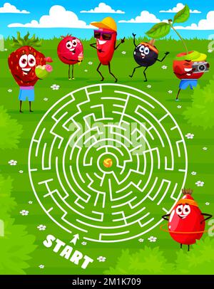 Guida Cartoon bacca personaggi trovare un gioco di palla di pallavolo labirinto labirinto gioco. Quiz vettoriale per bambini con fragola, mirtillo, barberry, ribes nero e ciliegia con palla di ricerca di rosa sul prato verde Illustrazione Vettoriale