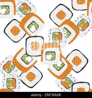 Motivo senza cuciture con illustrazione sushi roll Variation su sfondo bianco Illustrazione Vettoriale