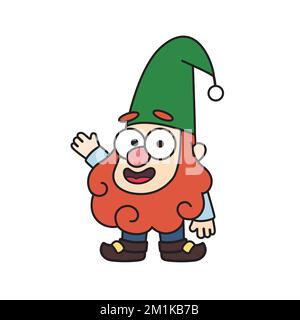 Allegro piccolo gnomo da giardino, nano, oldman, giardiniere è in grado di sventolare la mano in stile cartone animato. Illustrazione colorata per bambini da favola vettoriale, personaggio da disegno, mascotte, adesivo Illustrazione Vettoriale