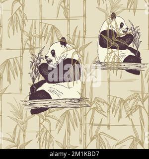 Pandas carino in addensati di bambù. Sfondo vettoriale. Disegno a penna e inchiostro. I Panda ottengono cibo dalla foresta di bambù nei loro habitat nativi. Illustrazione Vettoriale