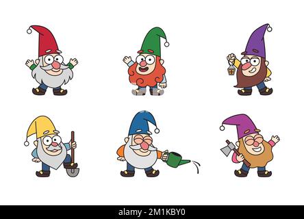 Allegri gnomes giardino, nani, vecchi, giardinieri in stile cartoon. Illustrazione di bambini di fiaba di vettore colorato, personaggi di disegno, mascotte, Illustrazione Vettoriale