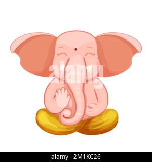 Ganesh dio carino personaggio lotus posa, meditazione in stile cartone animato isolato su sfondo bianco. Idol, statua spirituale. Illustrazione vettoriale Illustrazione Vettoriale