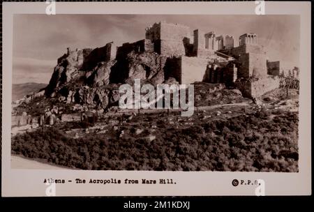 Atene - l'Acropoli dalle colline di Marte, fortificazioni e fortificazioni, siti archeologici. Collezione Nicholas Catsimpoolas Foto Stock