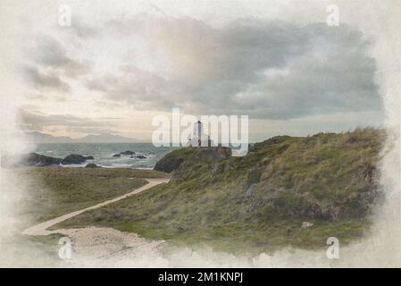 Il faro dell'isola di Llanddwyn. TWR Mawr Digital Watercolor painting at Ynys Llanddwyn on Anglesey, Wales, UK. Foto Stock