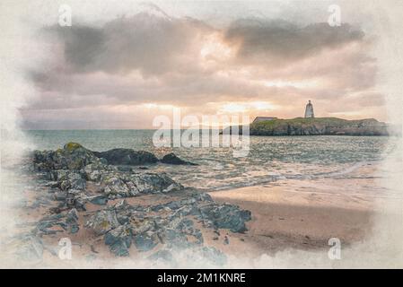 Il faro dell'isola di Llanddwyn. TWR Bach Digital Watercolor painting a Ynys Llanddwyn ad Anglesey, Galles, Regno Unito. Foto Stock