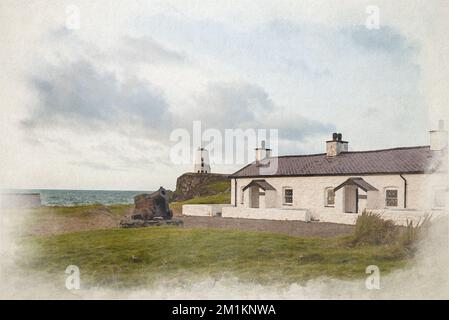 Un dipinto digitale ad acquerello dei cottage del pilota e della croce a Ynys Llanddwyn ad Anglesey, Galles, Regno Unito Foto Stock