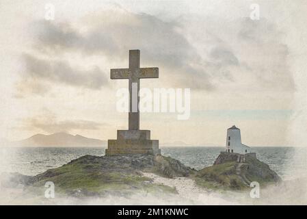 Il faro dell'isola di Llanddwyn. TWR Mawr Digital Watercolor painting at Ynys Llanddwyn on Anglesey, Wales, UK. Foto Stock