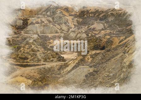 Un dipinto digitale ad acquerello del paesaggio arancione e marrone della miniera di rame di Parys Mountain, Anglesey, Galles, Regno Unito. Foto Stock