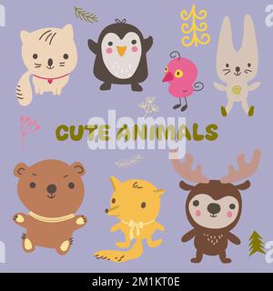 Set di animali carino in stile kawaii disegnati a mano. Doodle illustrazione isolata con animali. Illustrazione Vettoriale