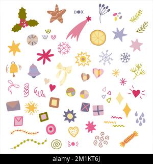 Set di intimi elementi decorativi invernali. Per Natale e Capodanno. Raccolta di album. Illustrazione Vettoriale