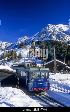 Francia. Alpi francesi. Alta Savoia (74) Tramway dal Monte Bianco a col de Voza e Aiguille du Gouter, Les Houches/Saint-Gervais Foto Stock