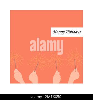 Buon Natale e un Felice Anno Nuovo. Biglietto d'auguri o poster. Modello di design con tipografia e sparkler. Per Internet, social network, stampa Illustrazione Vettoriale