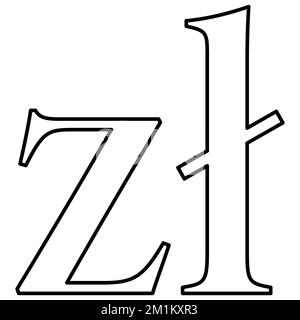 Polish zloty PLN valuta segno nero contorno vista frontale isolato su sfondo bianco. Valuta della Banca centrale di Polonia. Elemento di disegno vettoriale. Illustrazione Vettoriale