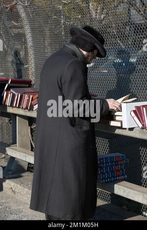 Un uomo ebraico ortodosso con lunghe botteghe di piselli in una vendita di libri religiosi a Brooklyn, New York. Foto Stock