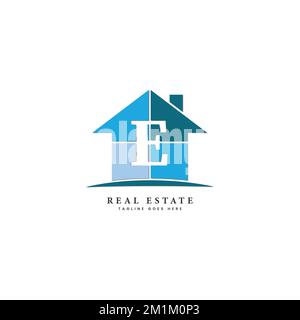 E lettera Real Estate Logo, modello di forma della casa vettoriale per l'immagine commerciale della proprietà iniziare con Alphabet E. Illustrazione Vettoriale