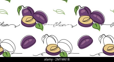 Pattern vettoriale Plum. Un disegno a linea continua di motivo di prugna Illustrazione Vettoriale