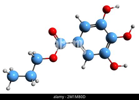 3D immagine di propil gallato formula scheletrica - struttura chimica molecolare del propil triidrossibenzoato isolato su sfondo bianco Foto Stock