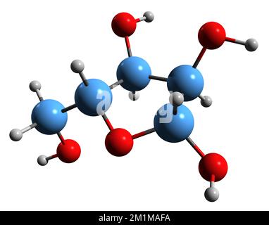3D immagine della formula scheletrica Ribose - struttura chimica molecolare dello zucchero pentoso isolato su sfondo bianco Foto Stock