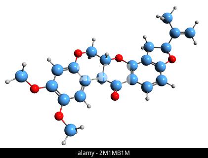 3D immagine di Rotenone formula scheletrica - struttura chimica molecolare di insetticida ad ampio spettro, piscicide e pesticida isolato su fondo bianco gr Foto Stock