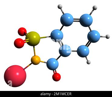 3D immagine della saccarina sodica formula scheletrica - struttura chimica molecolare del dolcificante artificiale isolato su sfondo bianco Foto Stock