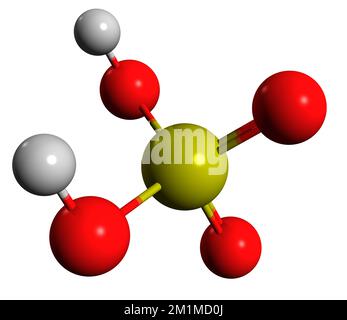 3D immagine della formula scheletrica dell'acido solforico - struttura chimica molecolare della sostanza inorganica isolata su sfondo bianco Foto Stock