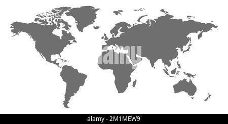 Una mappa semplificata del mondo. Carta grigia generalizzata stilizzata su sfondo bianco. In stile piatto. Modello, design, copertina del sito Web. Australia, Asia, Illustrazione Vettoriale