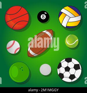 Set colorato di palle per i giochi. Icone di attrezzature sportive rotonde. Simboli di pallavolo, basket, calcio, football americano, bowling, baseball, tenn Illustrazione Vettoriale