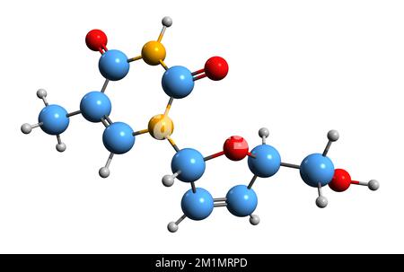 3D immagine della formula scheletrica della stavudina - struttura chimica molecolare del farmaco antiretrovirale isolato su sfondo bianco Foto Stock