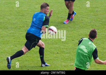 20120523 - Zaventem, BELGIO: Il belga Toby Alderweireld raffigurato durante una sessione di allenamento dei Red Devils, la nazionale belga di calcio, a Zaventem, mercoledì 23 maggio 2012. La squadra si sta preparando per un amichevole gioco contro il Montenegro nel corso di questa settimana, il 25 maggio. FOTO DI BELGA BRUNO FAHY Foto Stock