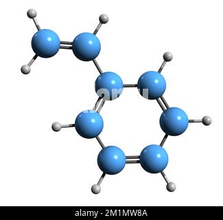 3D immagine della formula scheletrica dello stirene - struttura chimica molecolare del Cinnamene isolato su sfondo bianco Foto Stock