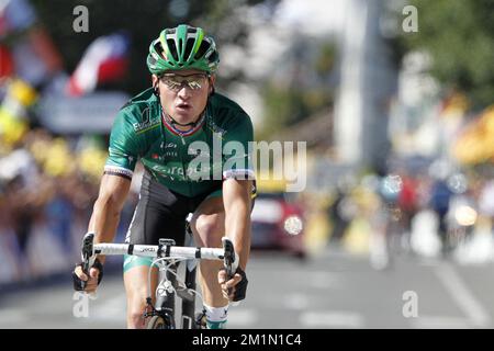 20120716 - PAU, FRANCIA: Il francese Thomas Voeckler di Europcar attraversa il traguardo durante la 15th tappa della 99th edizione del Tour de France, 160km da Samatan a Pau, Francia, lunedì 16 luglio 2012. BELGA FOTO KRISTOF VAN ACCOM Foto Stock