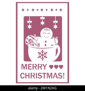 Biglietto di Natale con bel personaggio cartone animato. Biscotto di pan di zenzero in una tazza calda di cappuccino. Disegno piatto, illustrazione vettoriale. Illustrazione Vettoriale