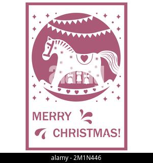 Buon Natale con cavallo a dondolo, simbolo di un anno nuovo. Illustrazione vettoriale isolata su sfondo bianco Illustrazione Vettoriale