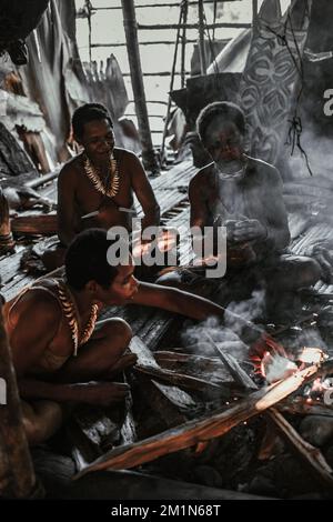 La tribù dei Korowai, spesso chiamata la tribù degli Asmat degli alberi, perché vivono in alberi alti. Preso @Gauli villaggio, Korowai distretto, Papua, Indonesi Foto Stock