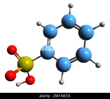 3D immagine della formula scheletrica dell'acido benzensolfonico - struttura chimica molecolare dell'acido fenilsolfonico isolato su sfondo bianco Foto Stock