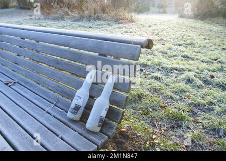 Amsterdam, Paesi Bassi. 13th Dec, 2022. Due bottiglie di birra congelate sono rimaste sulla panchina mentre i cristalli di ghiaccio hanno coperto il Rembrandt Park con -2 gradi Celsius il 13 dicembre 2022 ad Amsterdam, nei Paesi Bassi. (Foto di Paulo Amorim/Sipa USA) Credit: Sipa USA/Alamy Live News Foto Stock