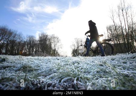 Amsterdam, Paesi Bassi. 13th Dec, 2022. Una passeggiata locale spinge la sua bicicletta attraverso i cristalli di ghiaccio coperto Rembrandt Park con -2 gradi Celsius il 13 dicembre 2022 ad Amsterdam, Paesi Bassi. (Foto di Paulo Amorim/Sipa USA) Credit: Sipa USA/Alamy Live News Foto Stock